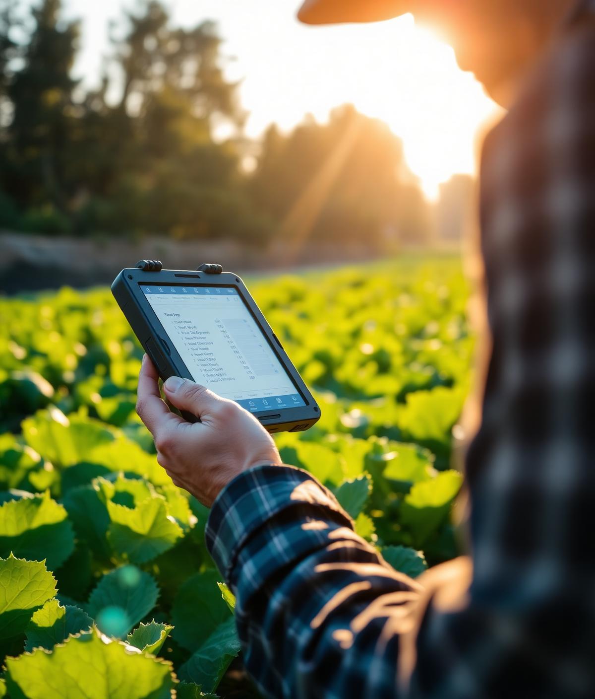 Farmer using a rugged tablet in an organic vegetable field at sunset